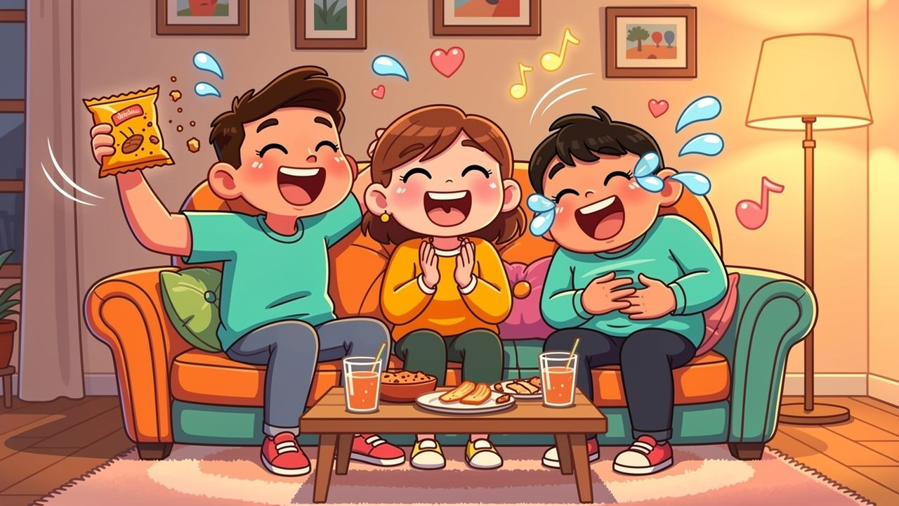 Cartoon friends laughing together on a colourful sofa