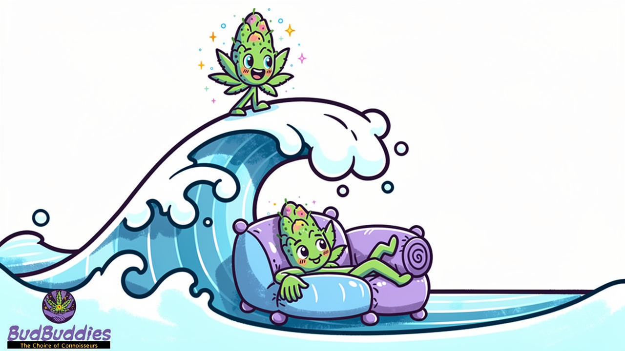 Cartoon wave showing Gumbo strain uplifting to relaxing effects