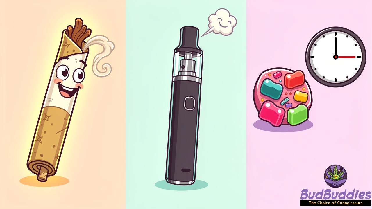 Cartoon comparison of flower, vape and edible cannabis formats