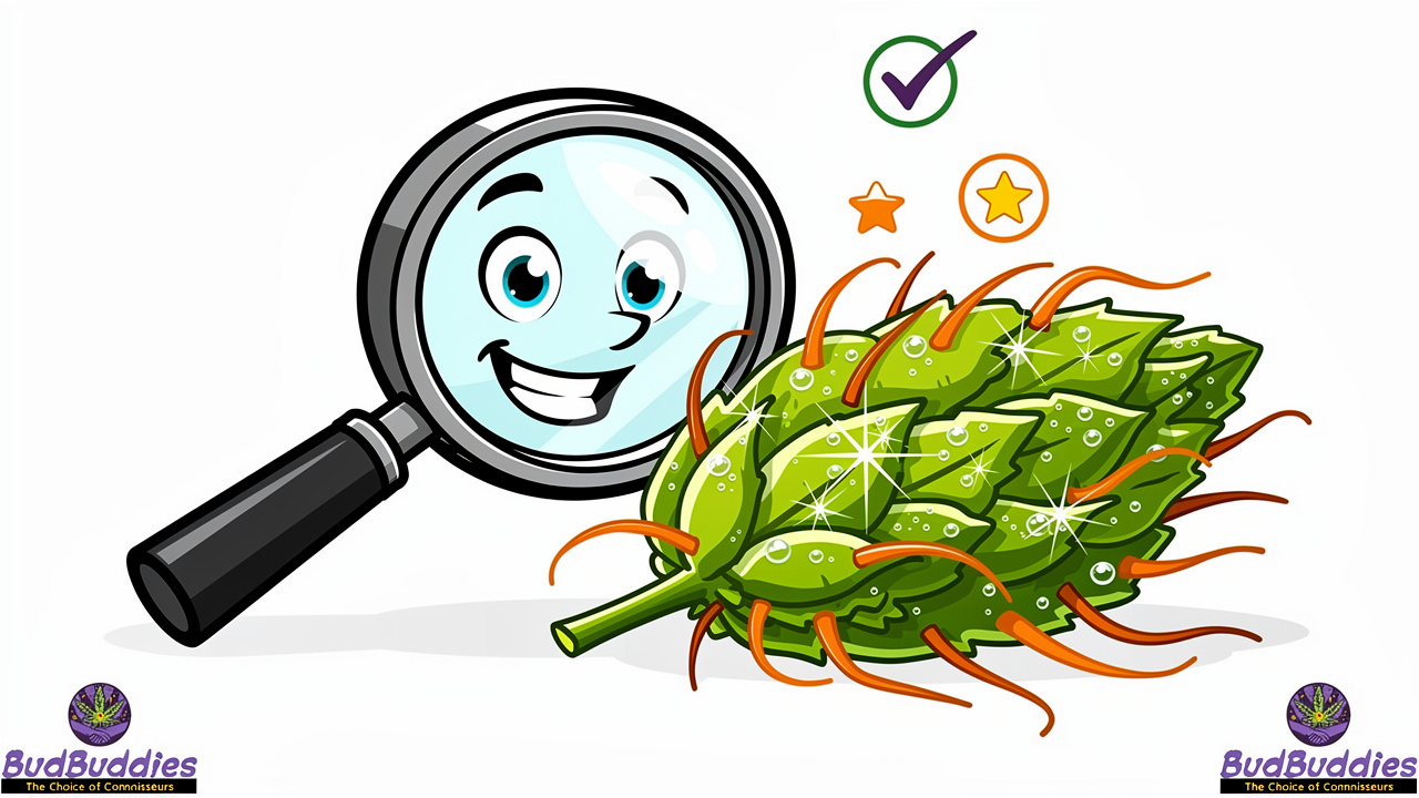 Cartoon magnifying glass inspecting quality Gumbo cannabis bud