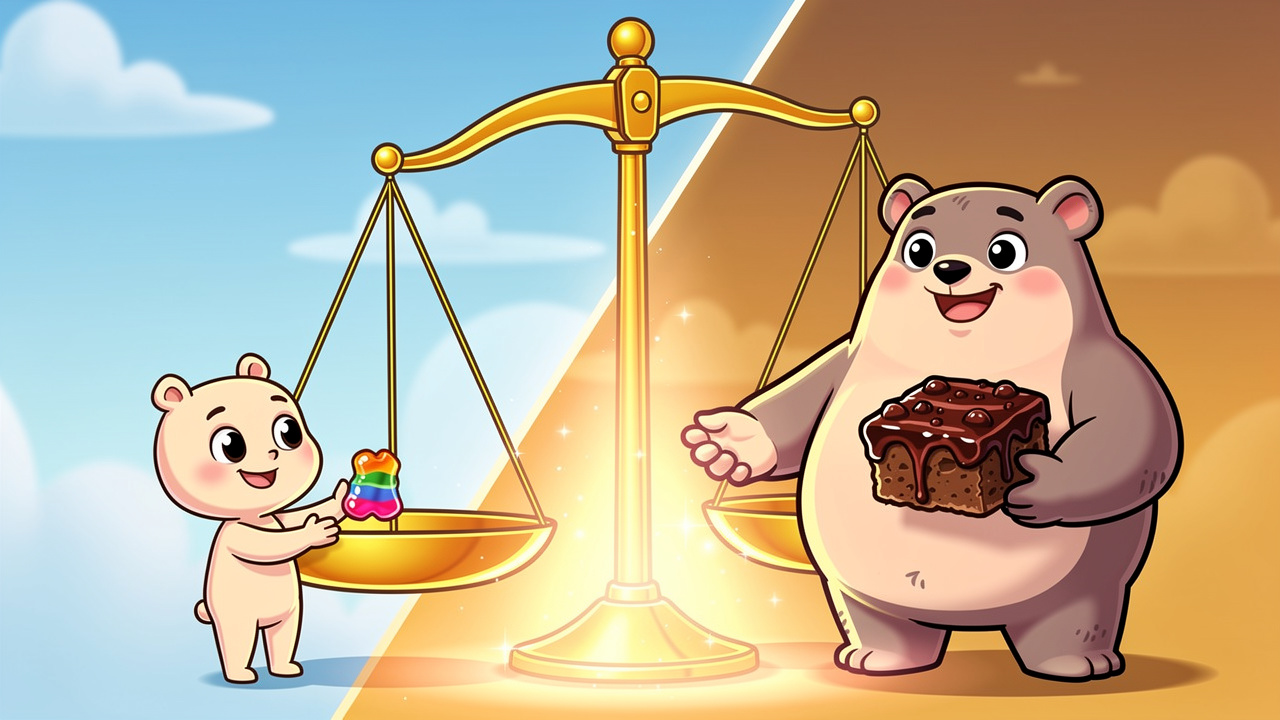 Cartoon scale comparing cannabis gummies and brownies side by side