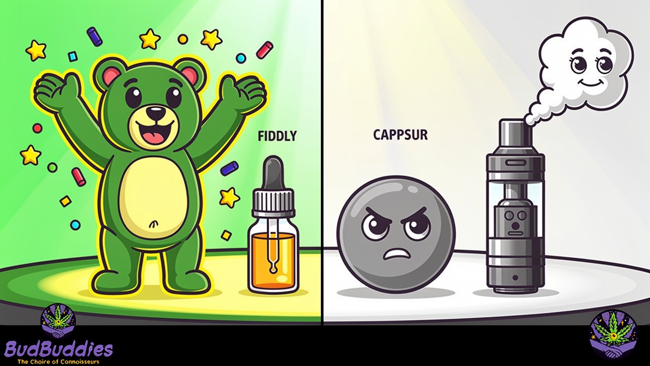 Cartoon comparison of sleep gummies versus oils capsules and vapes