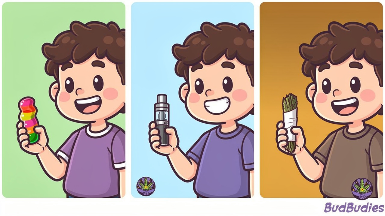 Cartoon comparison of gummies, vapes, and flower for students