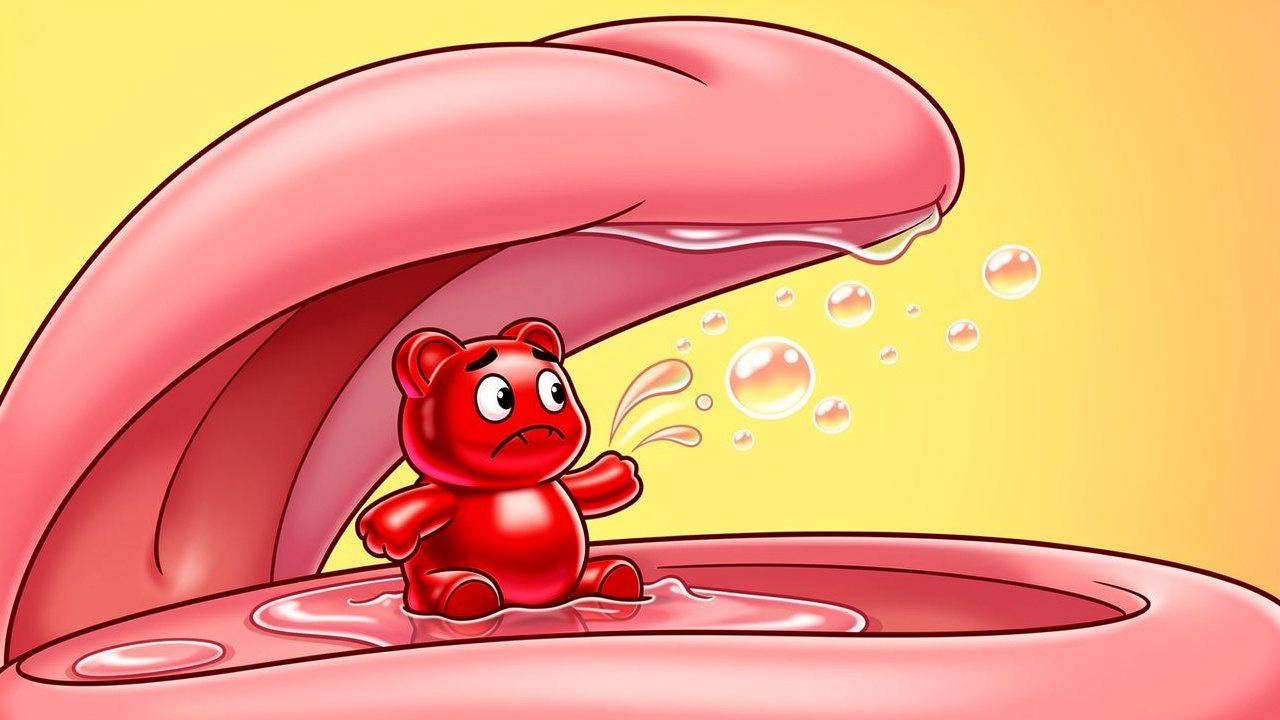 Cartoon gummy failing to absorb under the tongue
