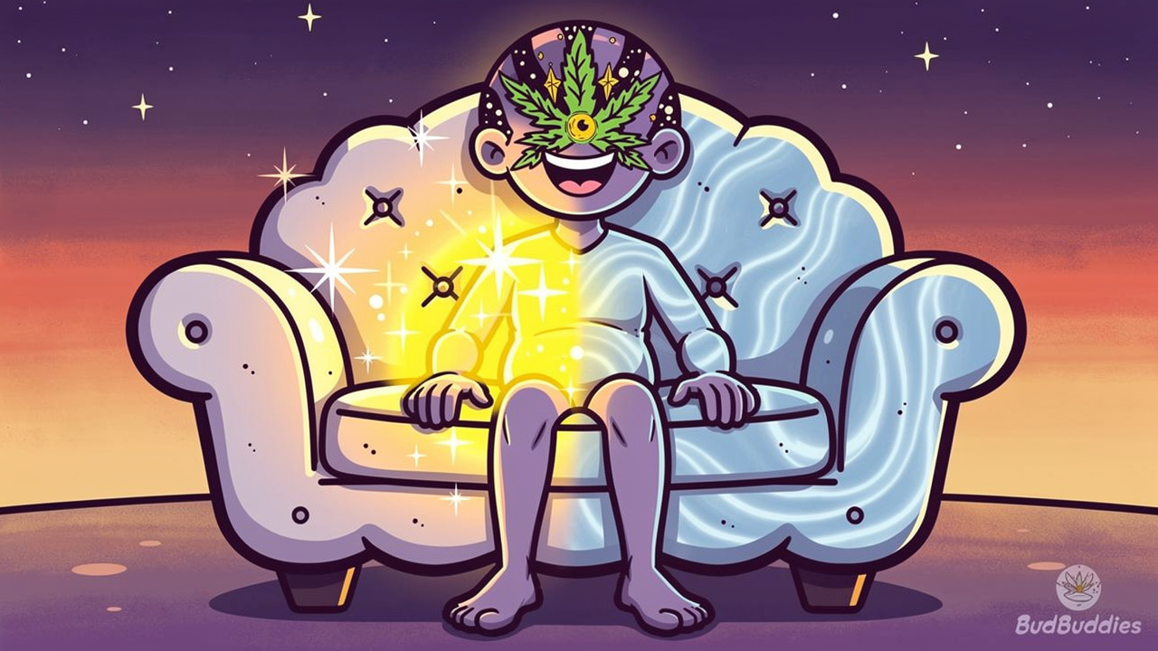 Cartoon figure showing uplifting then relaxing cannabis effects
