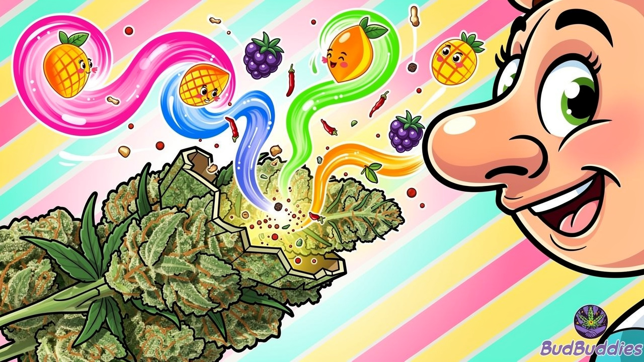 Cartoon terpene aromas bursting from cannabis bud