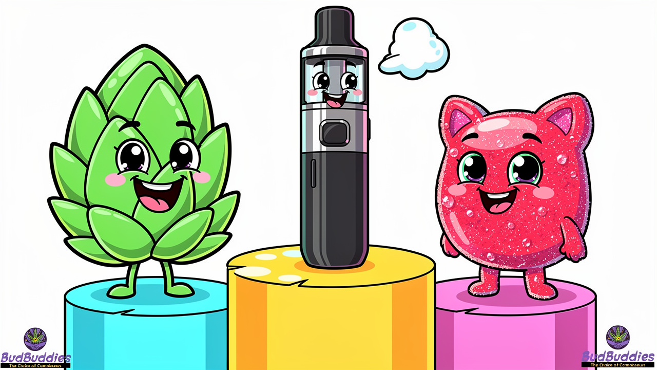 Cartoon flower, vape and edible characters compared together