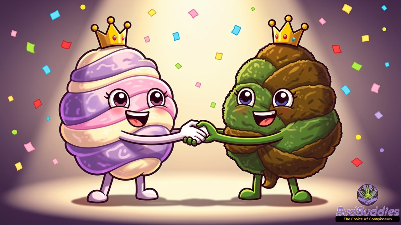 Cartoon characters representing Gelato and Triangle Kush genetics