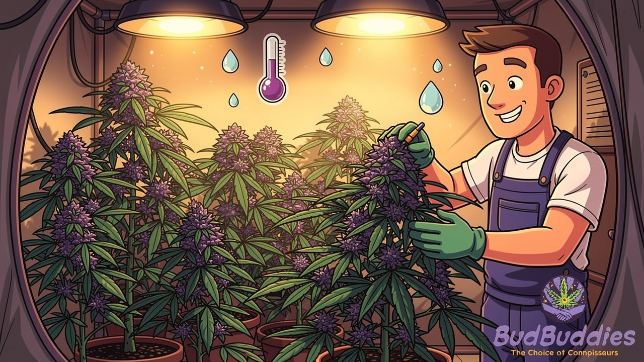 Cartoon gardener tending indoor Gushers cannabis plants