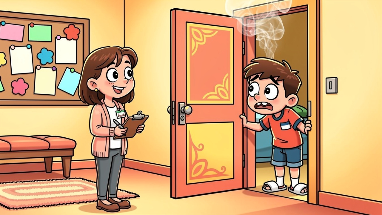 Friendly cartoon warden knocking on bright dormitory room door