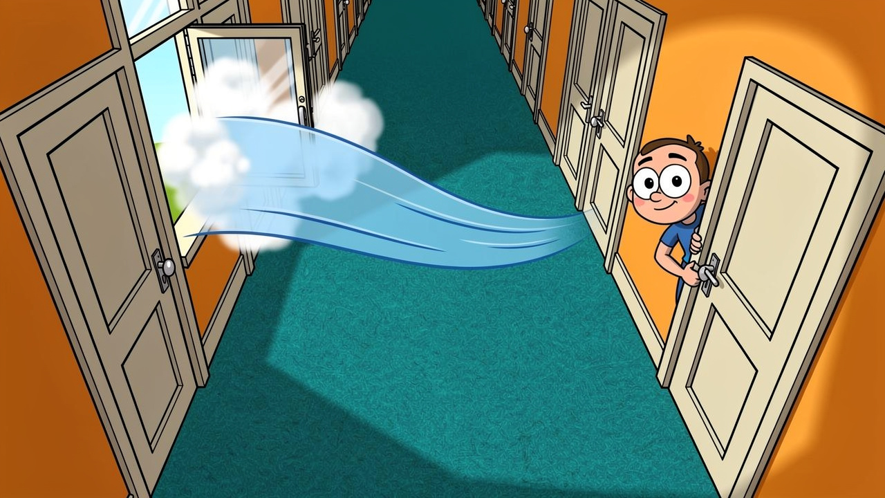 Cartoon showing vapour smell dispersing quickly in a student hallway