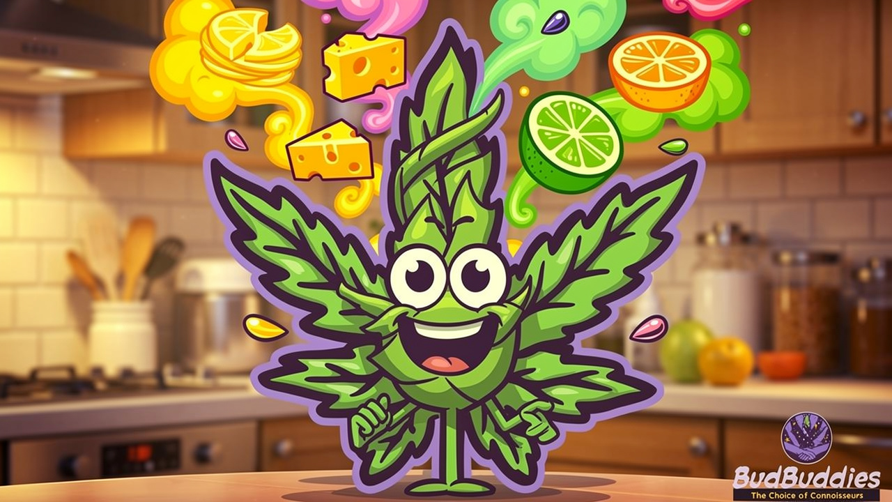Cartoon cannabis bud releasing cheesy diesel aroma clouds