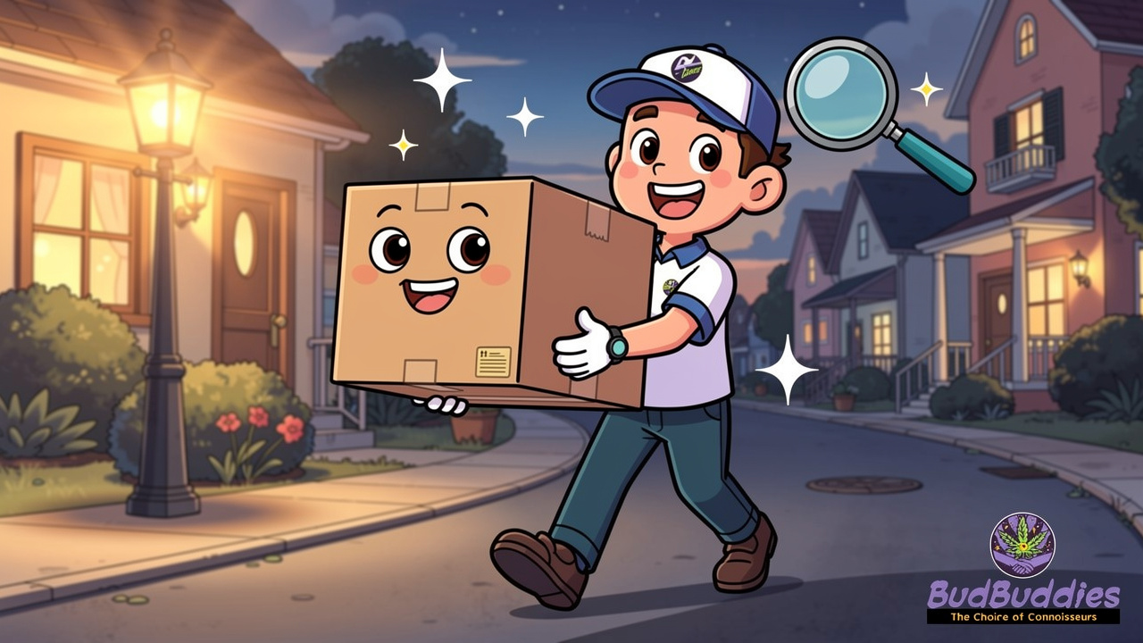 Cartoon discreet delivery box with lab-verified quality symbol