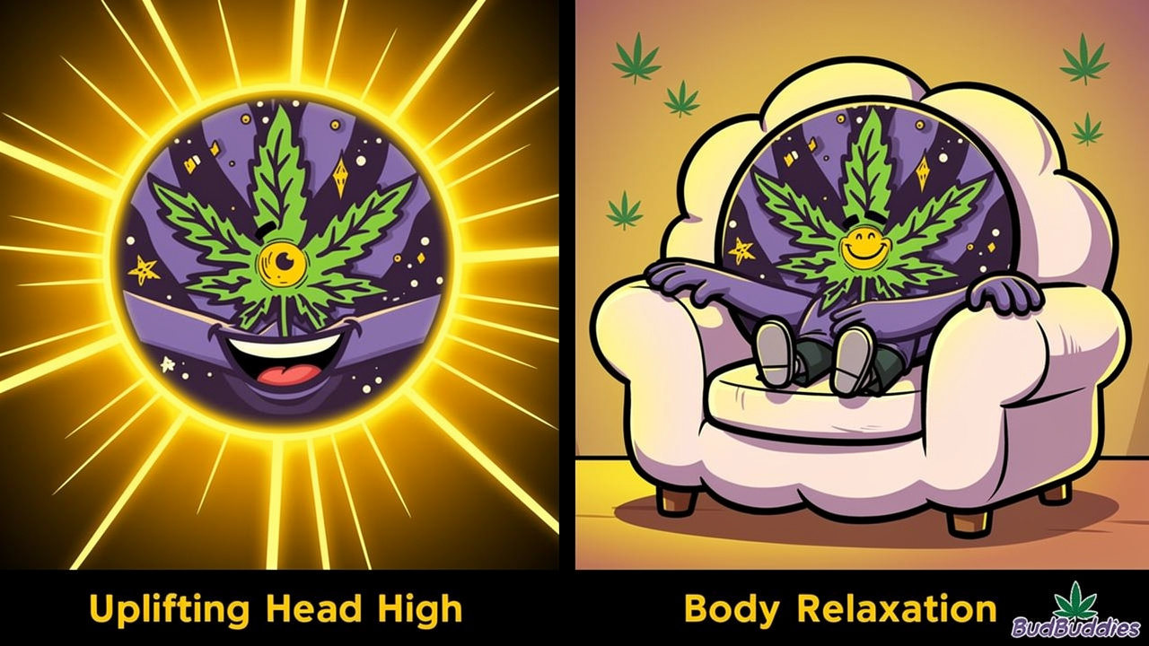 Cartoon character showing uplifting then relaxing cannabis effects