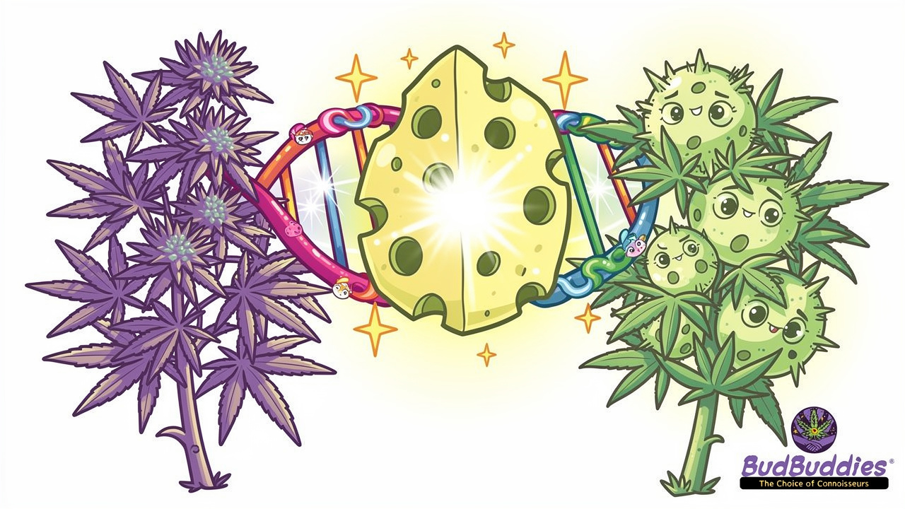Cartoon illustration of two parent cannabis strains merging genetics