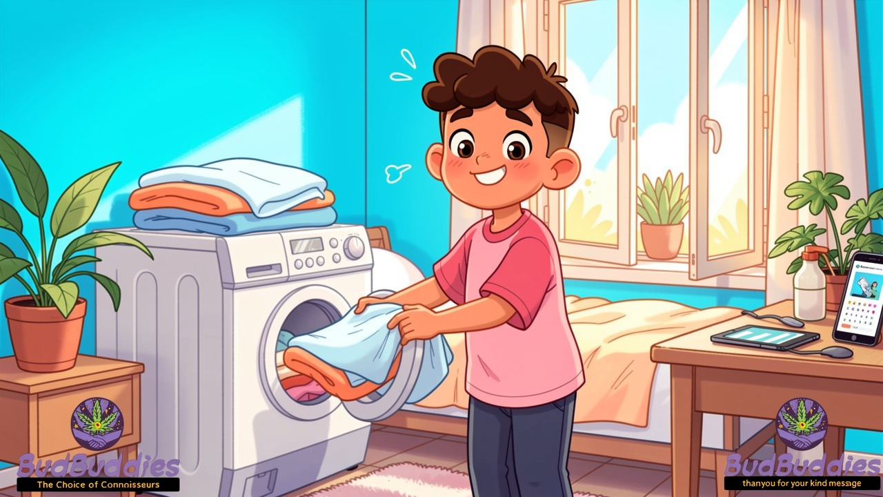 Cartoon person calmly tidying room after flatmate complaint
