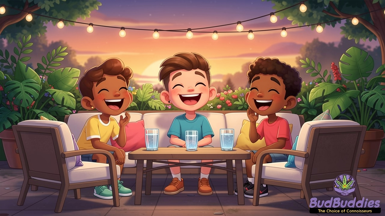 Happy cartoon friends relaxing safely at a social gathering