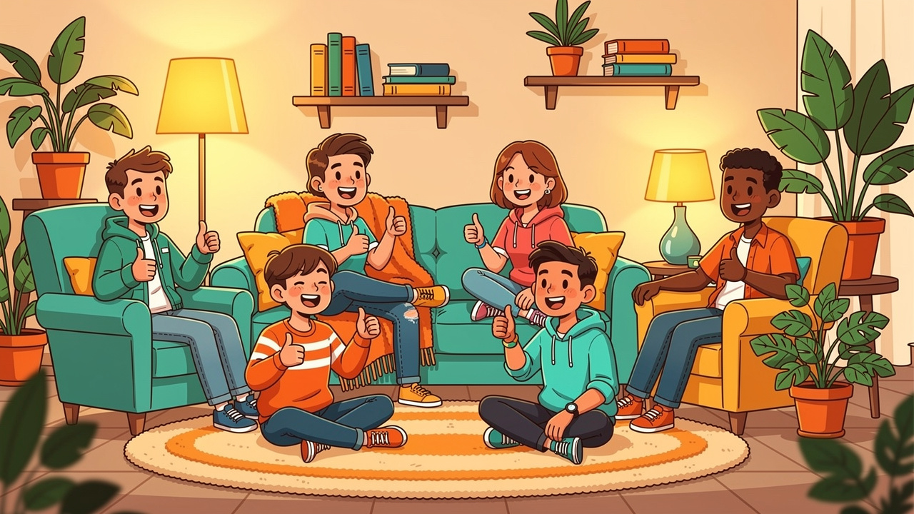 Cartoon of happy students enjoying a calm shared house