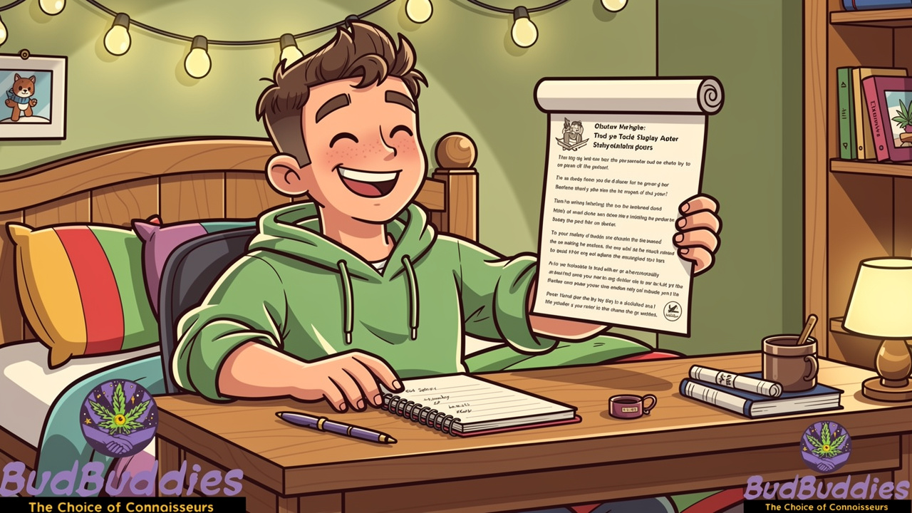 Happy cartoon student holding a perfectly rolled joint