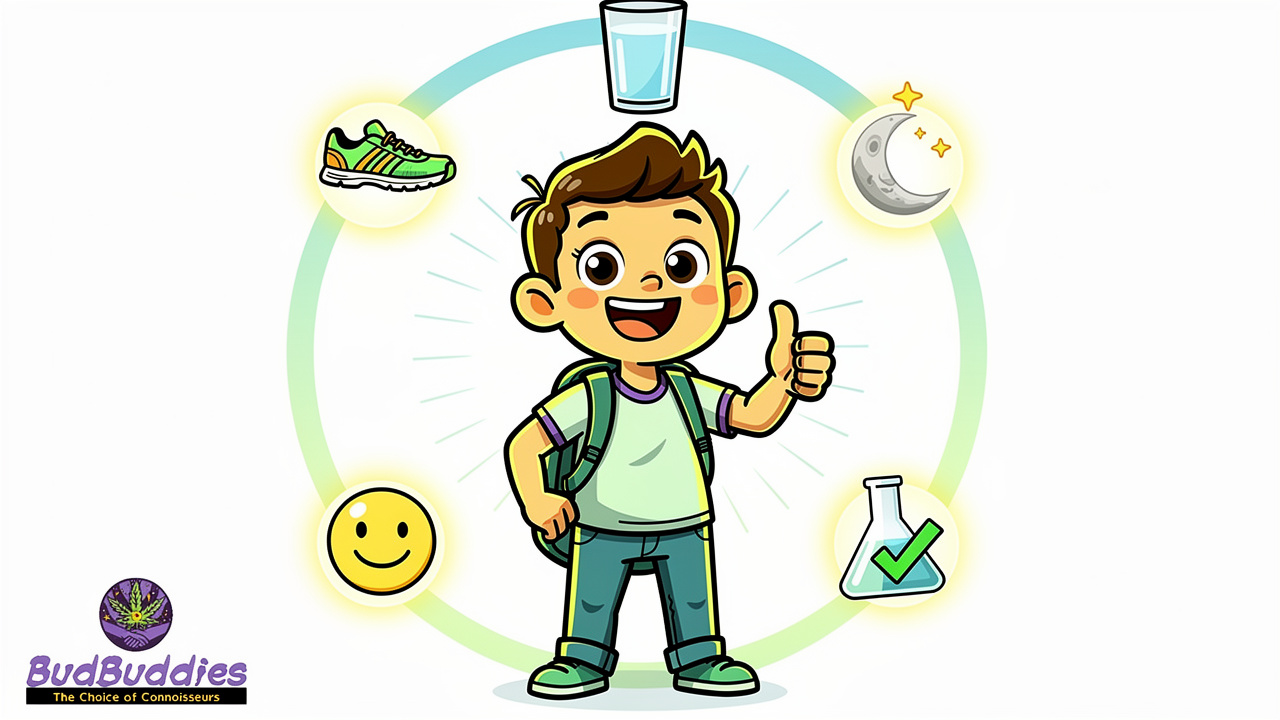 Cartoon student surrounded by healthy harm reduction habits