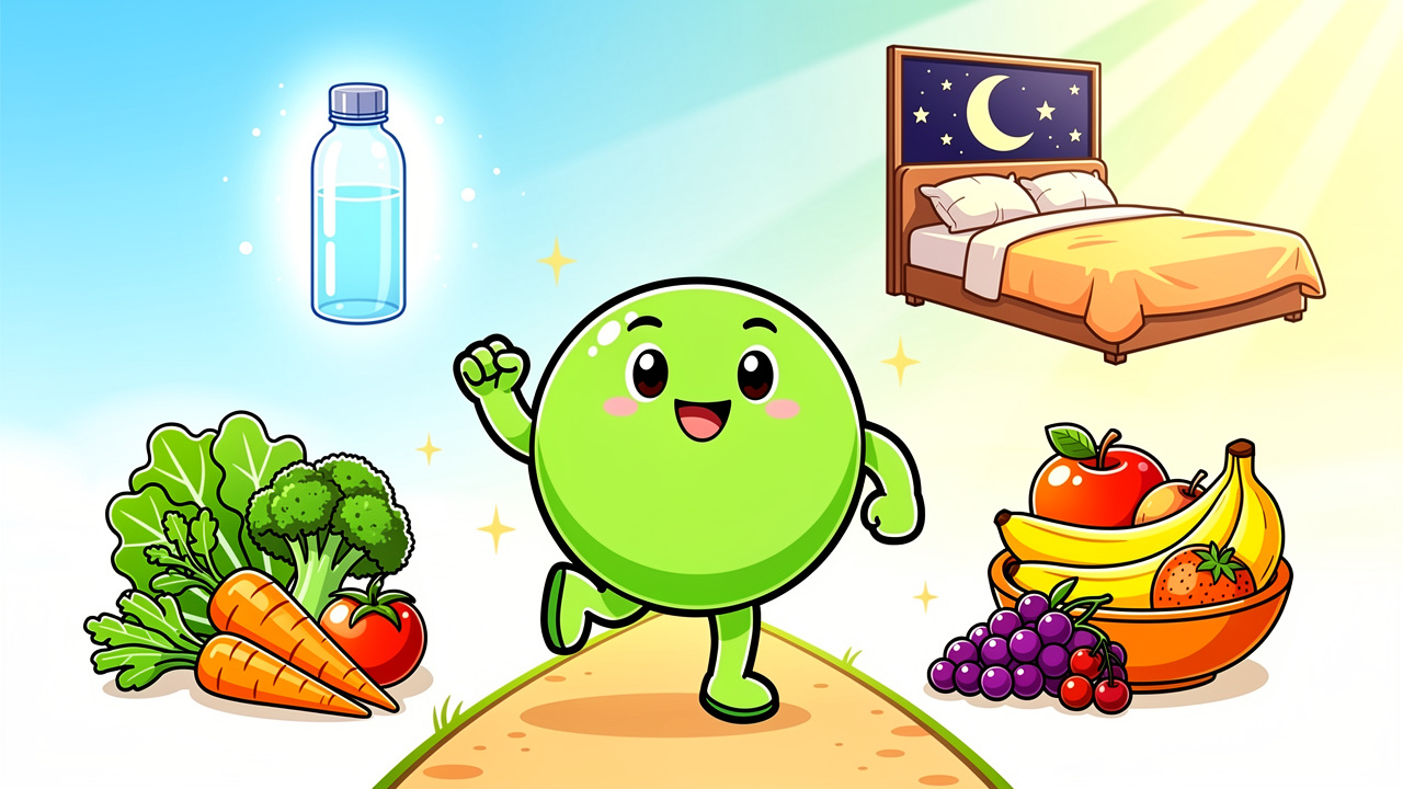 Cartoon character exercising with healthy food and sleep
