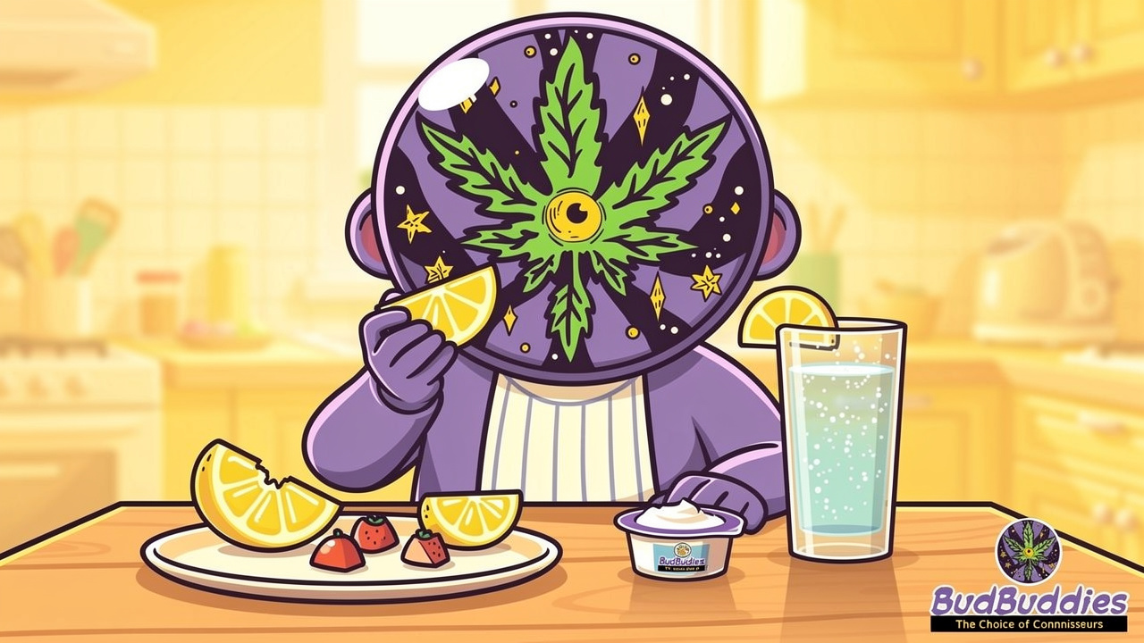 Cartoon character drinking water and eating light snacks