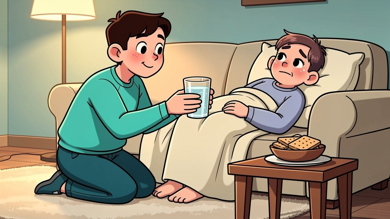 Friendly cartoon character helping a friend who is greening out
