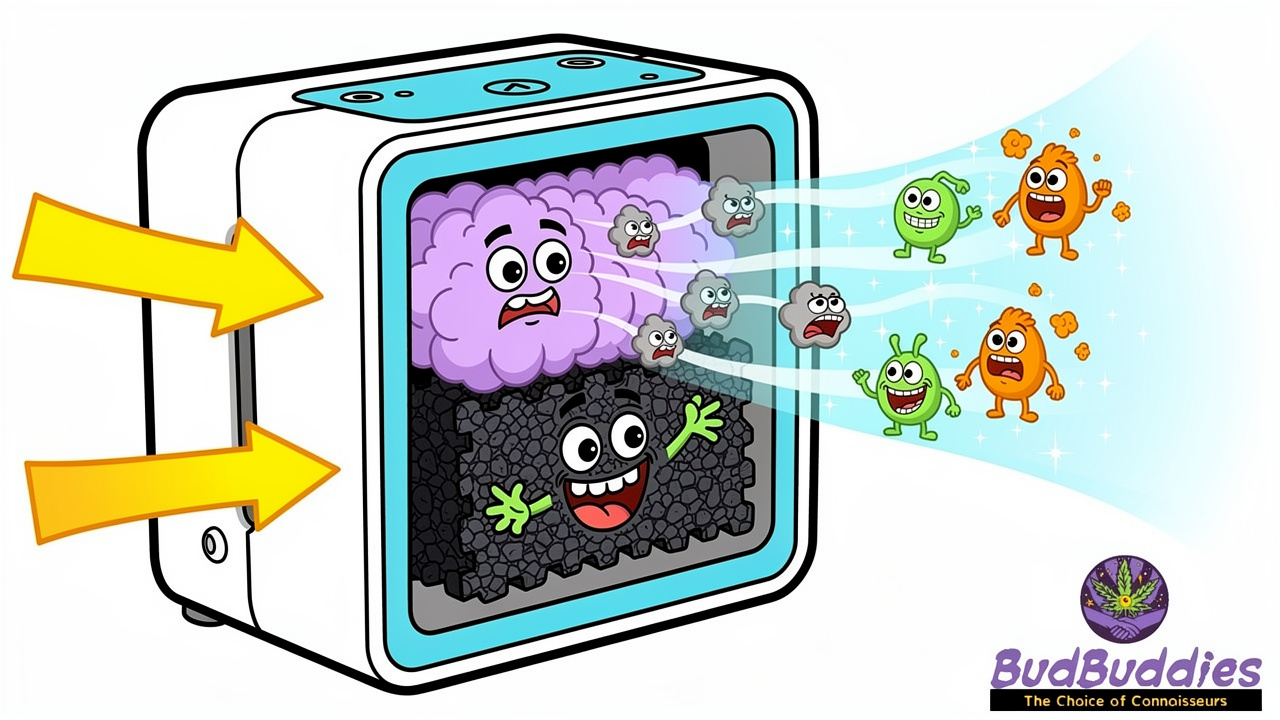 Cartoon cutaway of HEPA and activated carbon air purifier filters