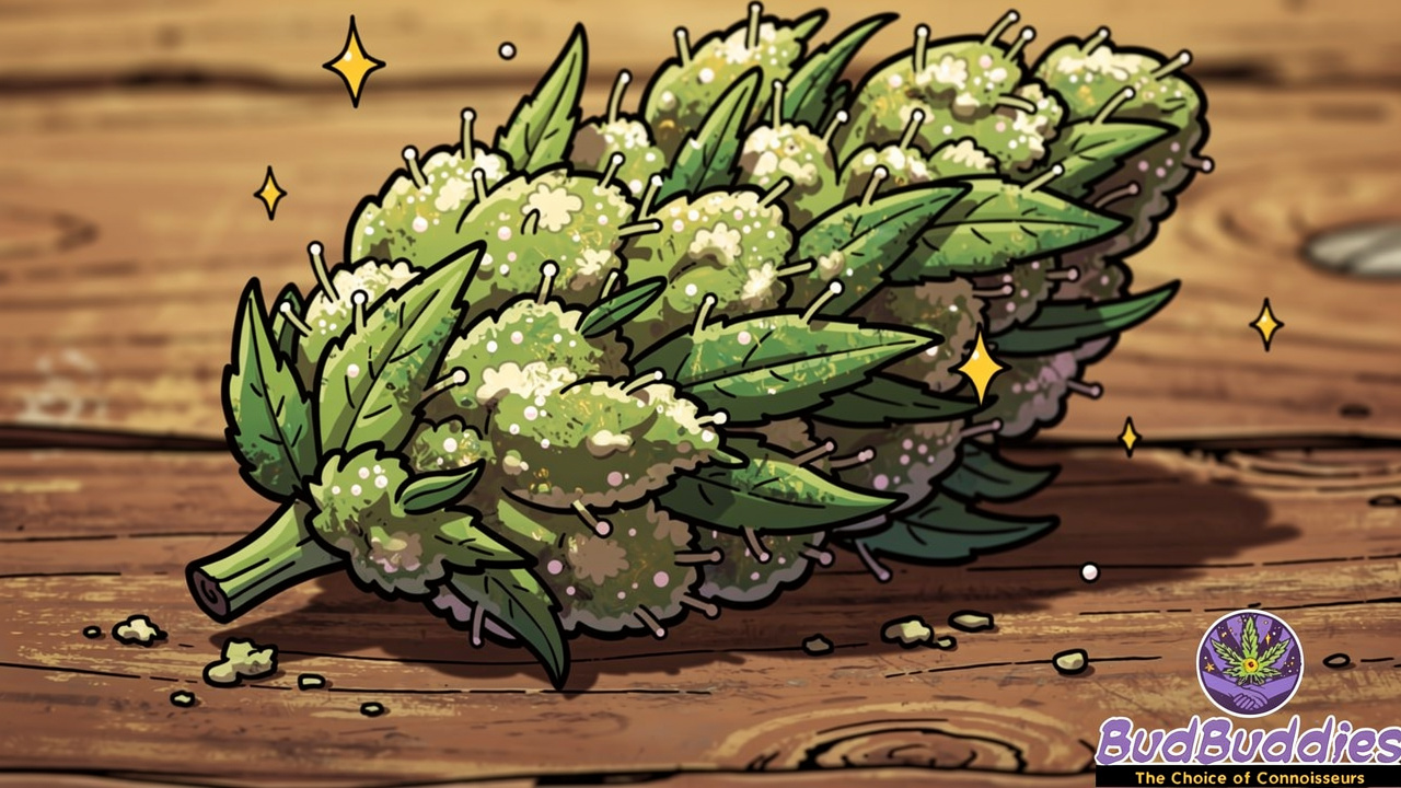 Cartoon close-up of frosty Hindu Kush cannabis bud