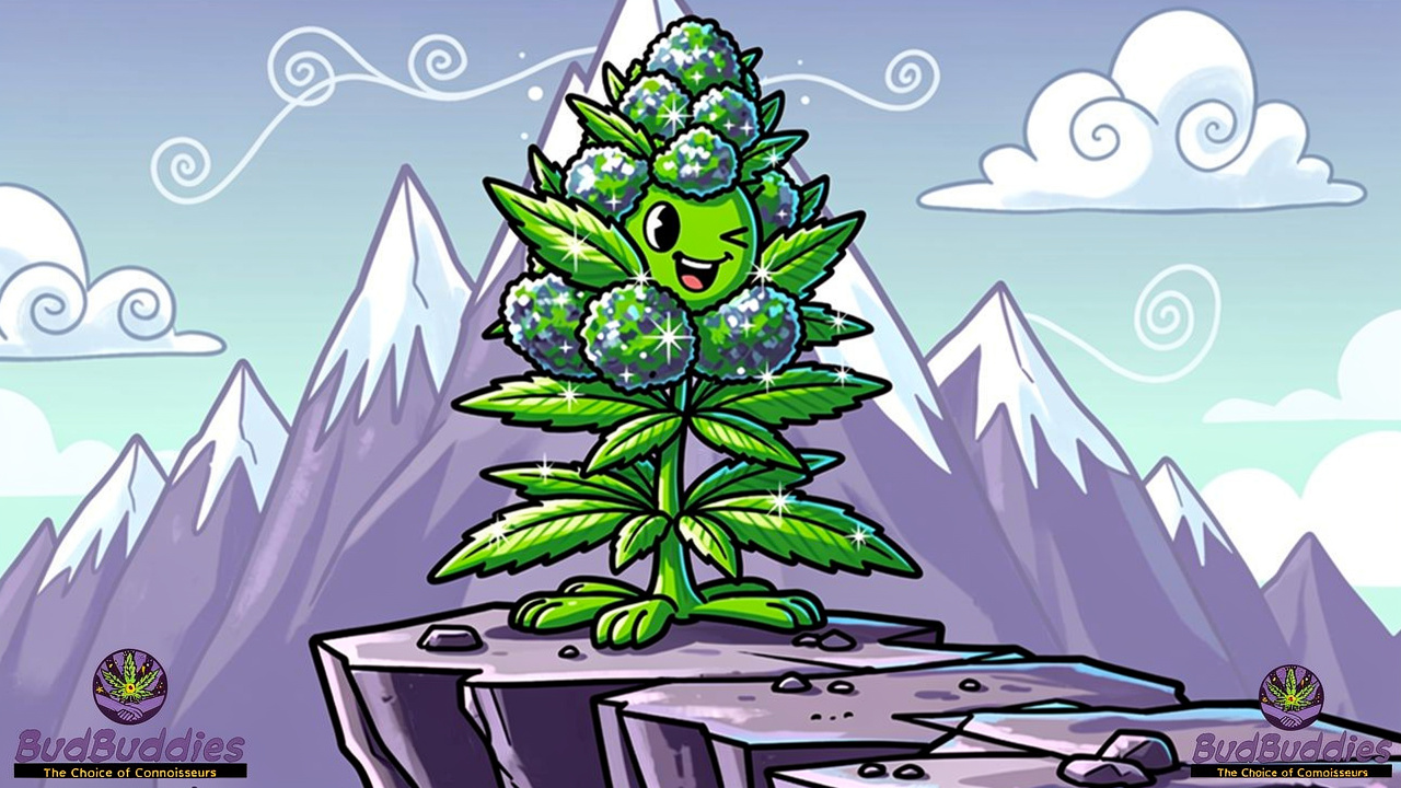 Cartoon landrace cannabis plant on mountain ledge
