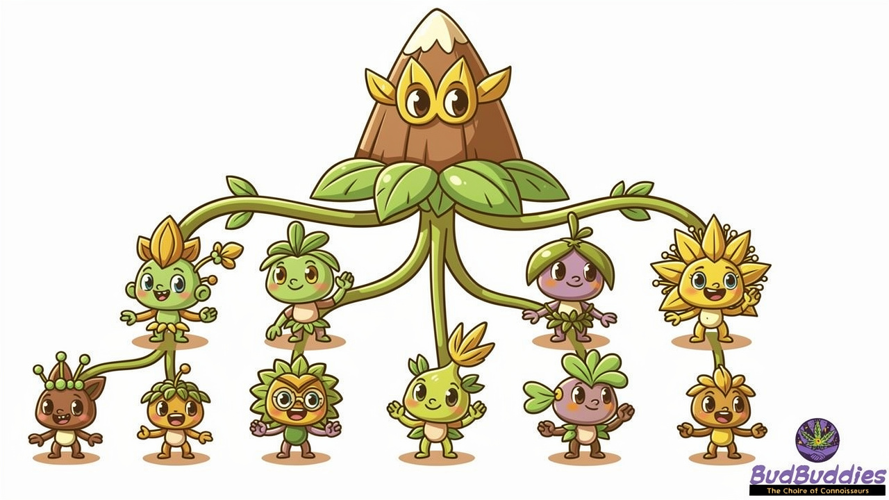 Cartoon family tree of cannabis strain lineage