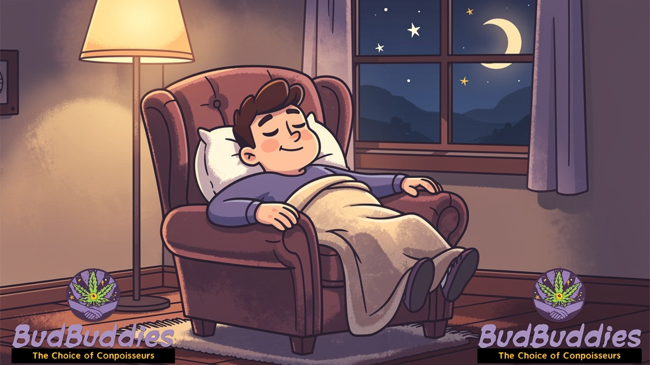 Cartoon character relaxing calmly in evening armchair