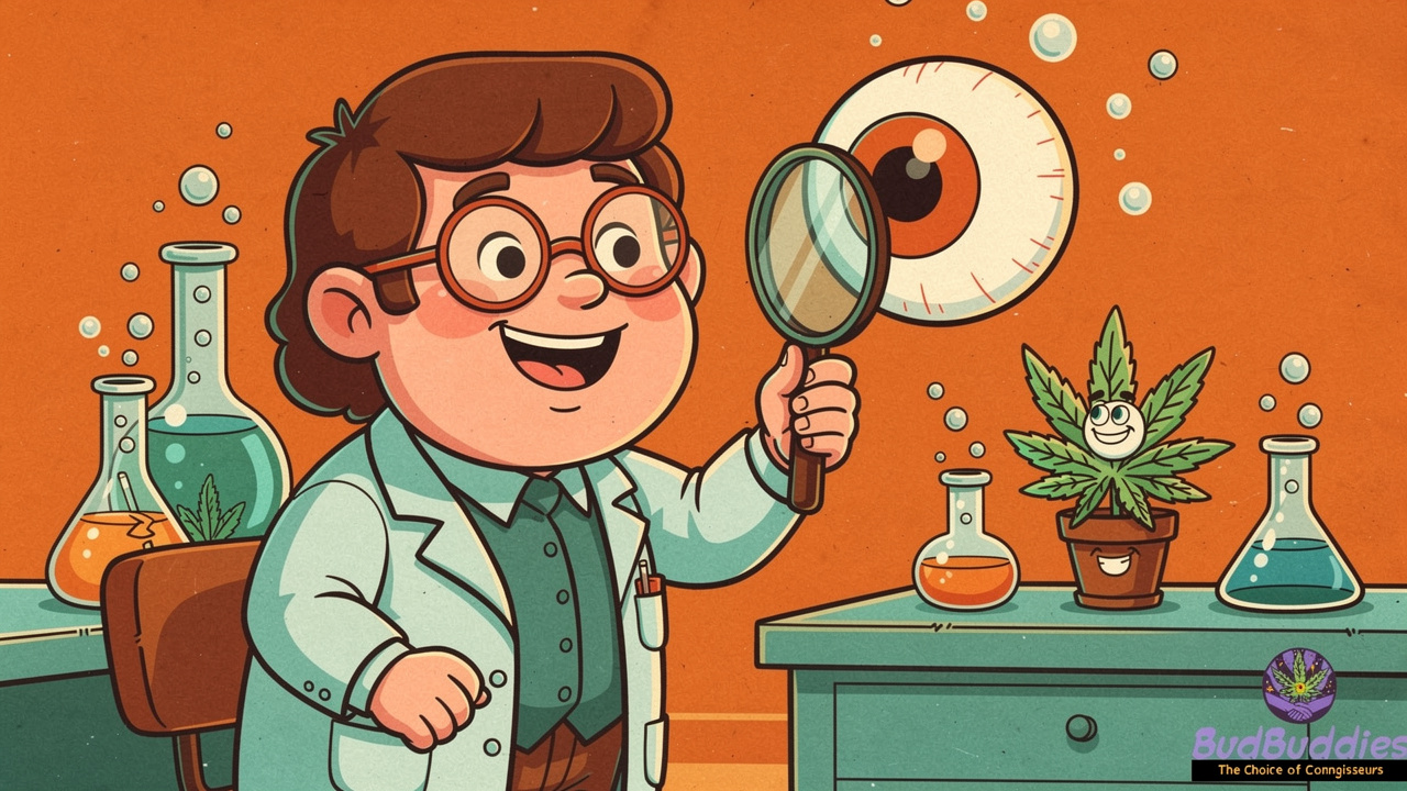Cartoon scientist examining eye linked to early cannabis research
