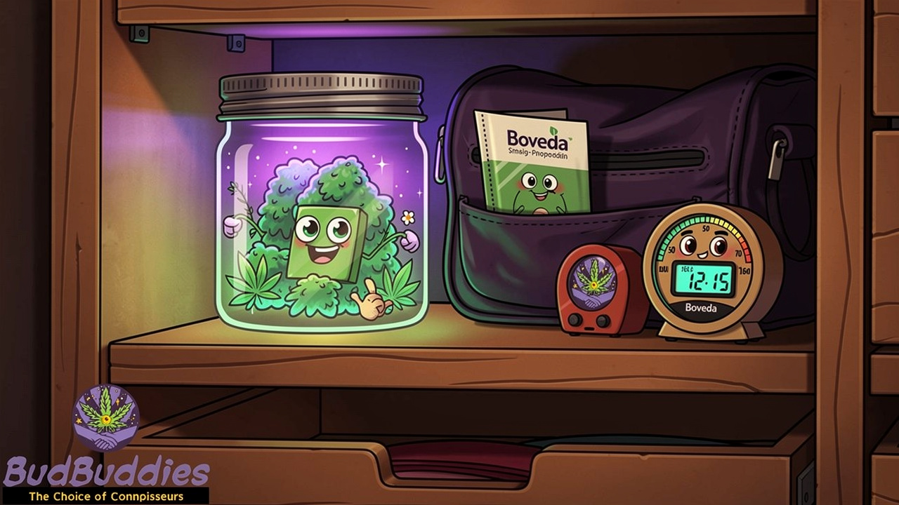 Cartoon home cannabis storage in cool dark wardrobe