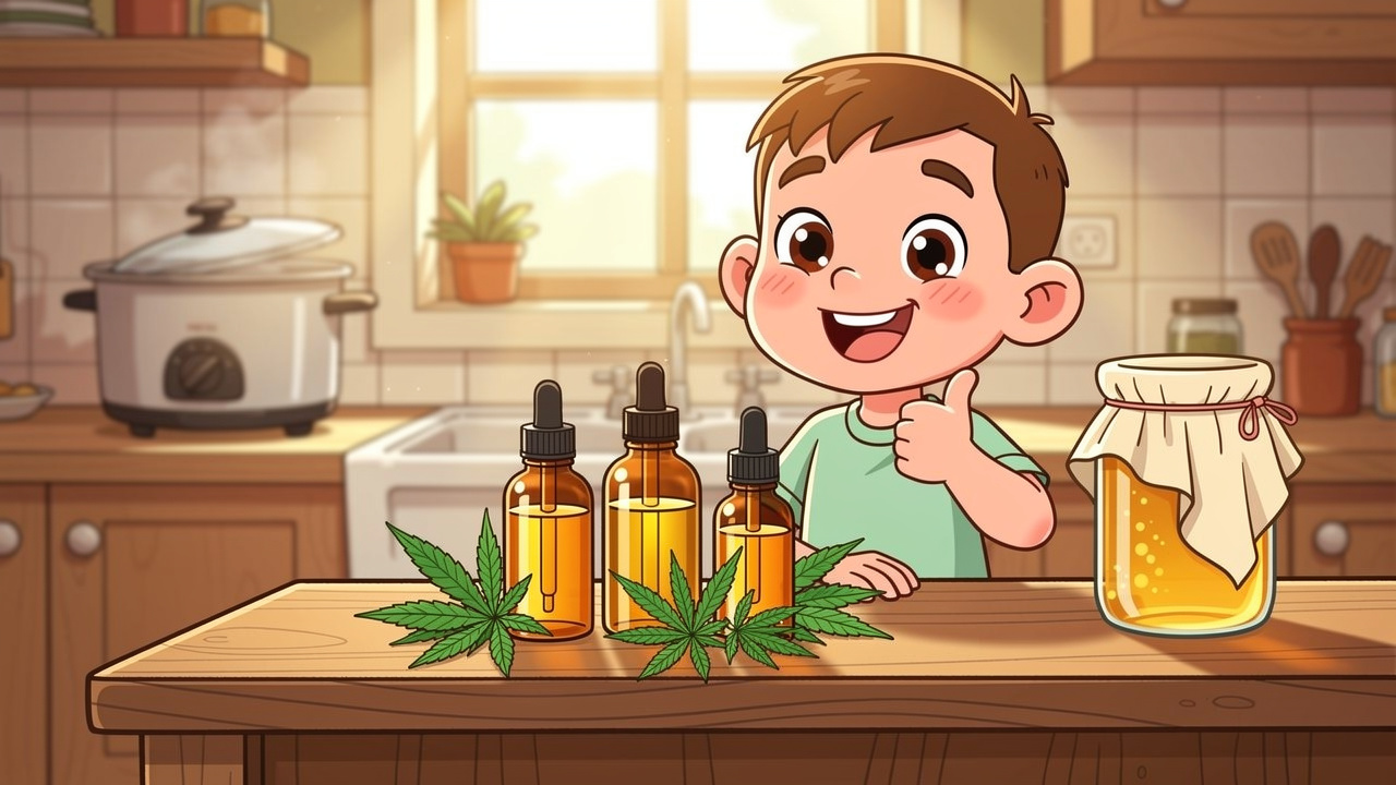 Cartoon character proudly displaying finished homemade cannabis oil