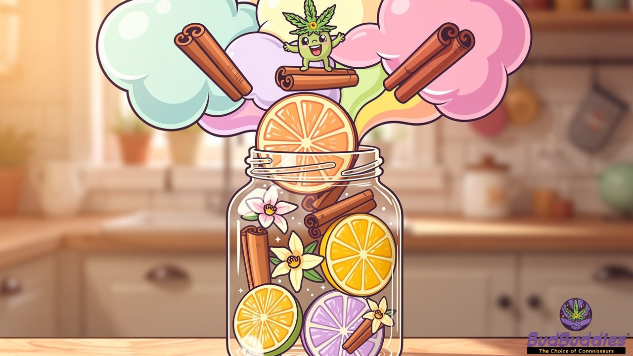 Cartoon jar releasing sweet cinnamon cannabis aroma clouds