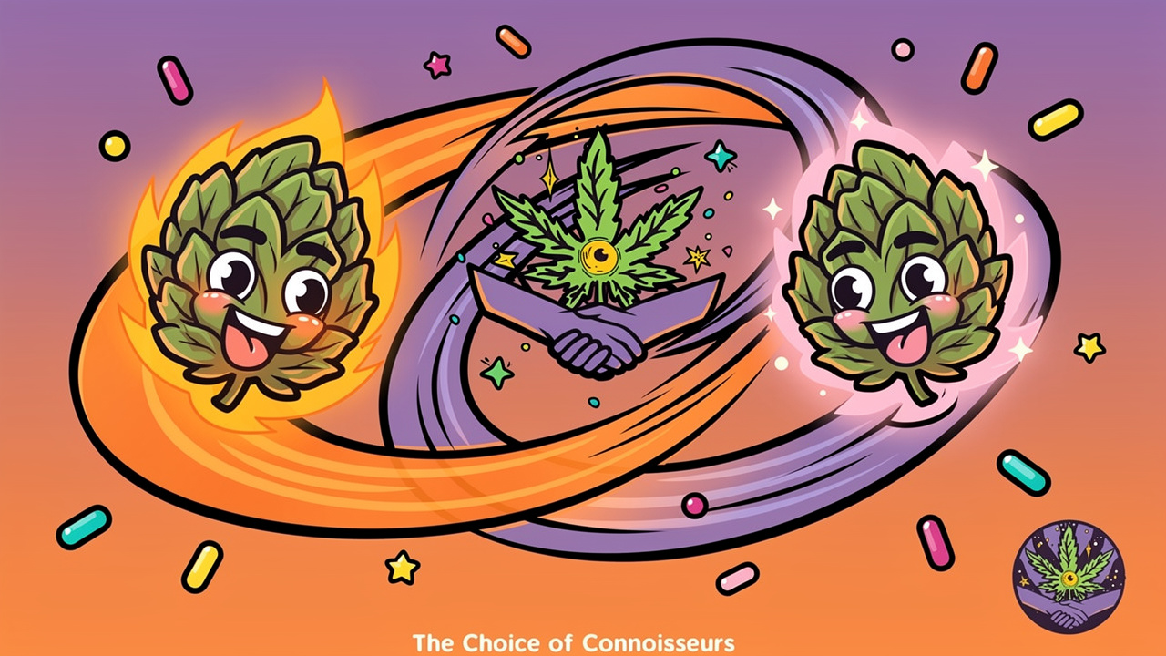 Cartoon cannabis buds blending to show Horchata genetics