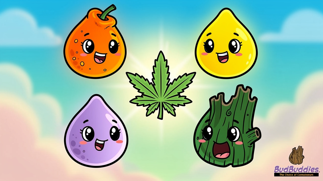 Cartoon terpene characters representing Horchata strain aromas