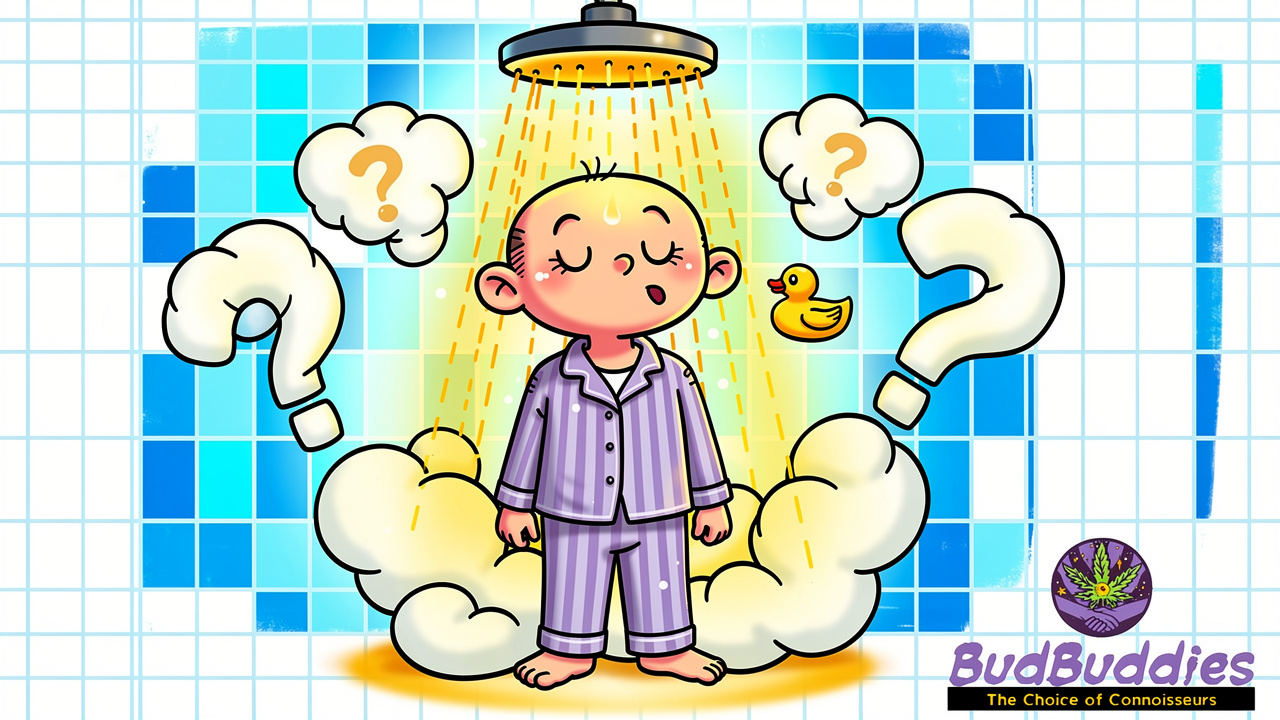 Cartoon character standing under hot shower seeking relief
