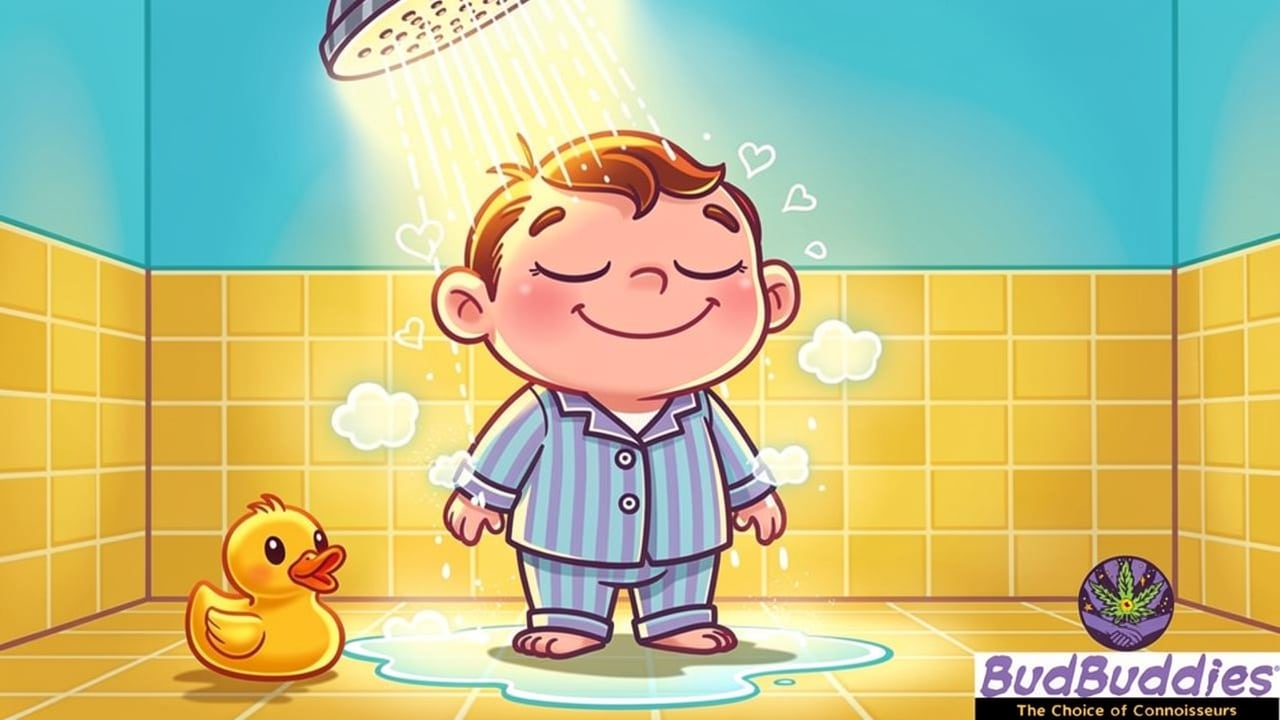 Cartoon character taking comforting hot shower for relief