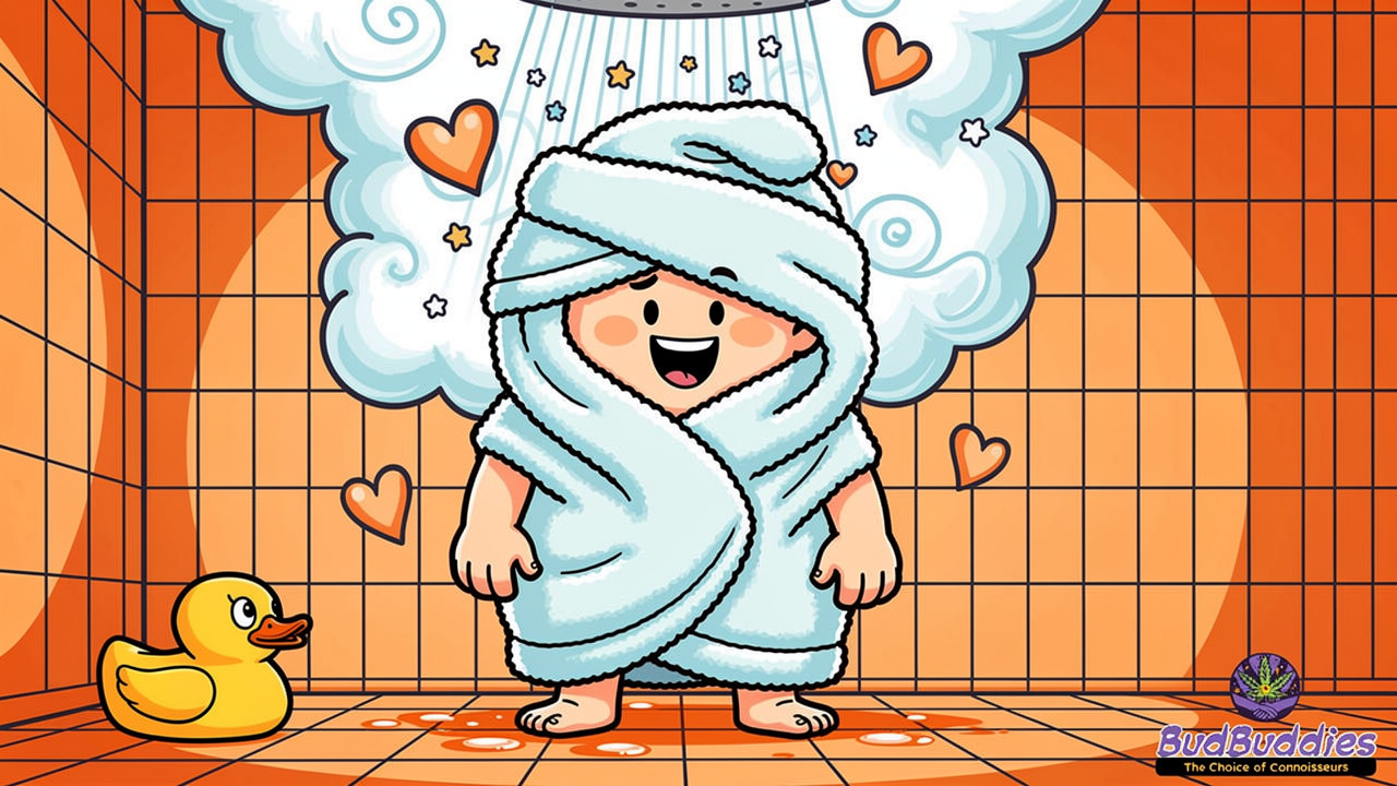 Cartoon character enjoying hot shower for symptom relief