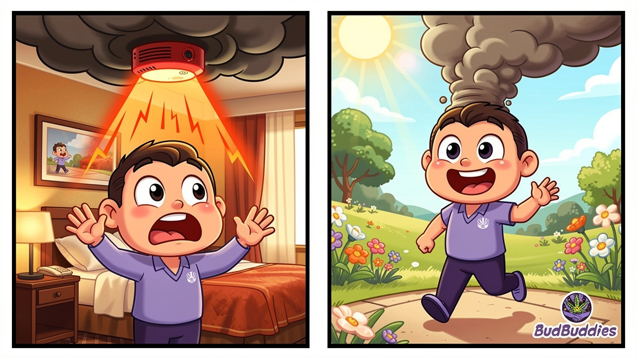 Cartoon showing risks of vaping indoors in a hotel room