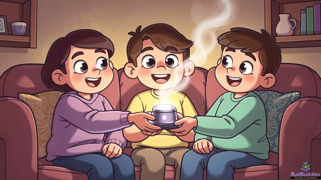 Cartoon housemates sharing a vaporiser on film night