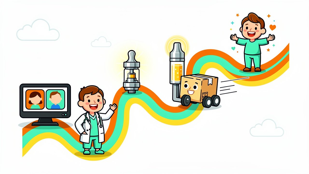Cartoon step-by-step path for getting cannabis vape prescription