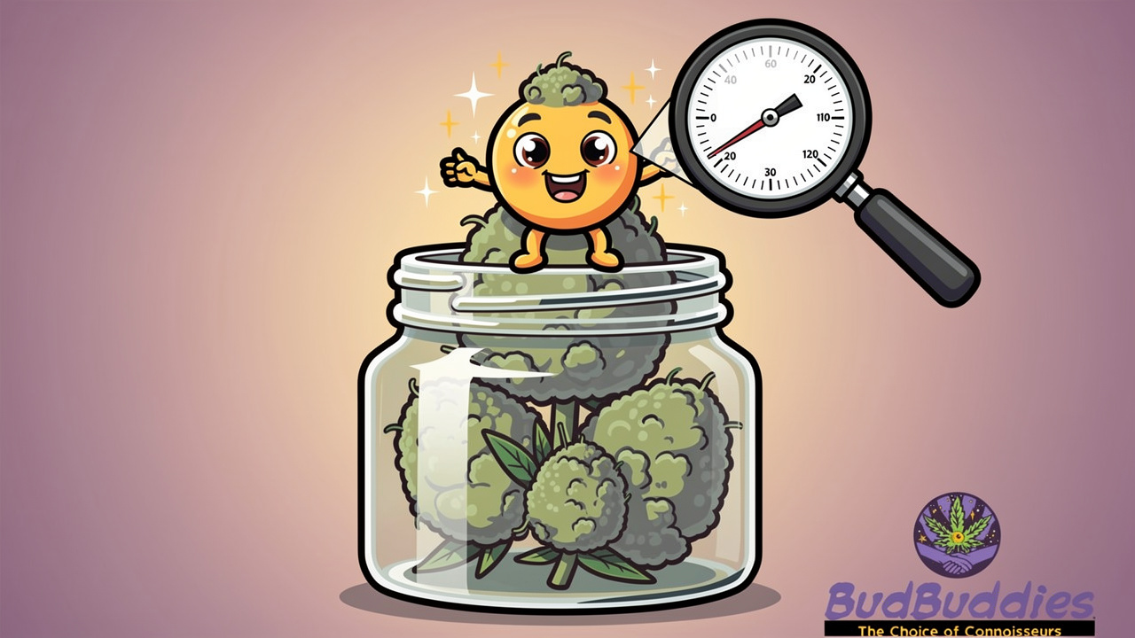 Cartoon hygrometer monitoring jar of cannabis buds