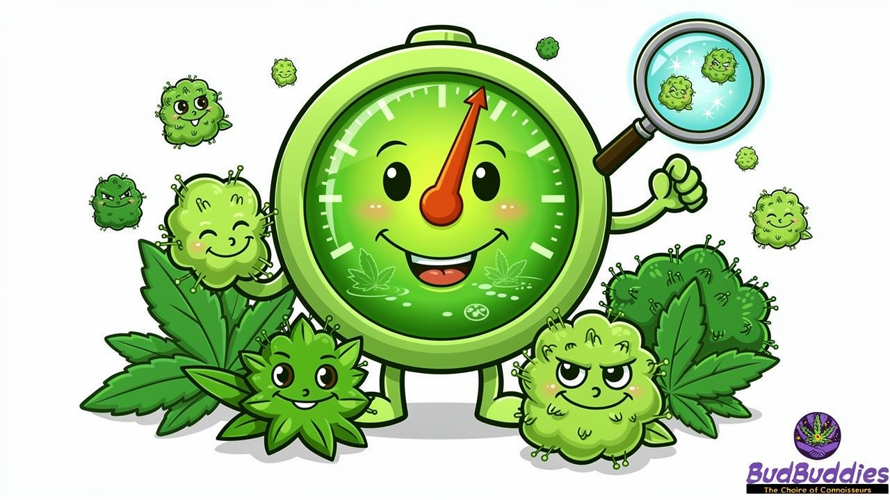 Cartoon dial showing ideal cannabis storage humidity range