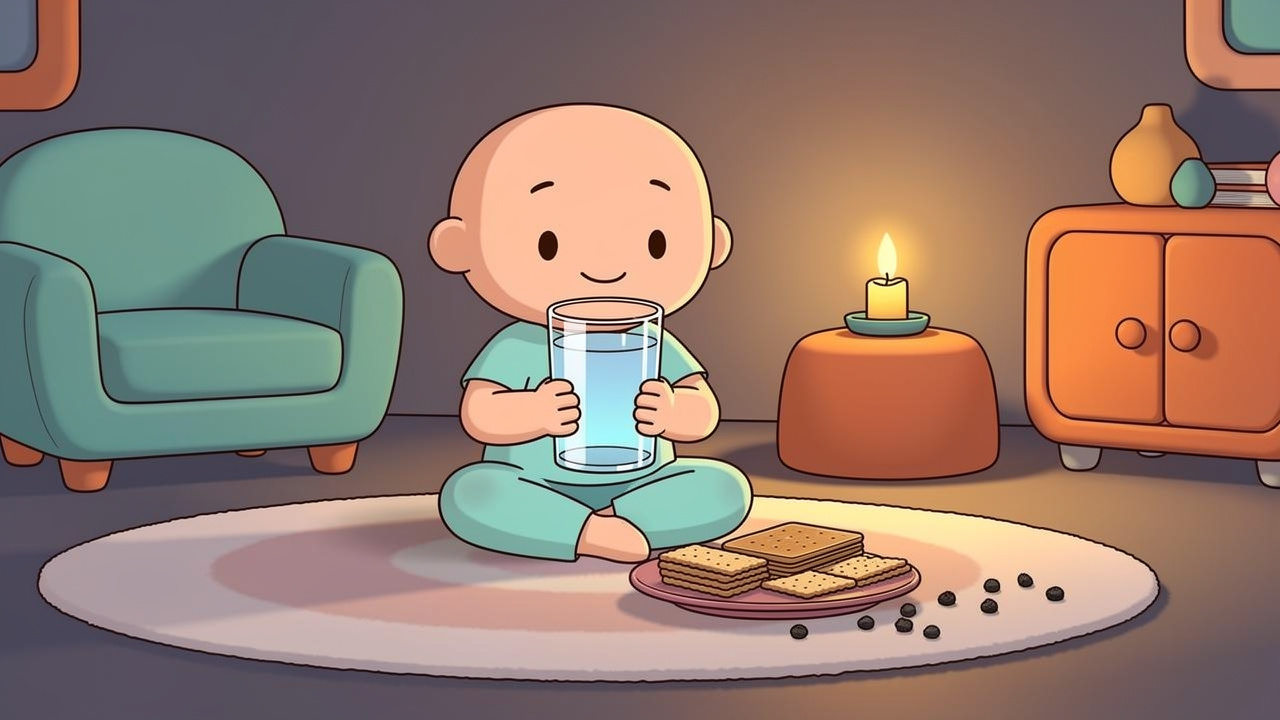 Cartoon character drinking water and eating snacks to calm down