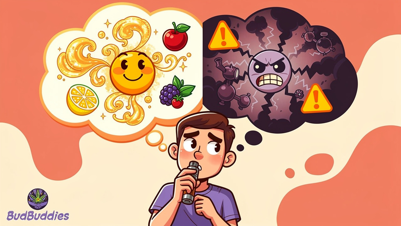Cartoon character noticing warning signs while using a vape cartridge