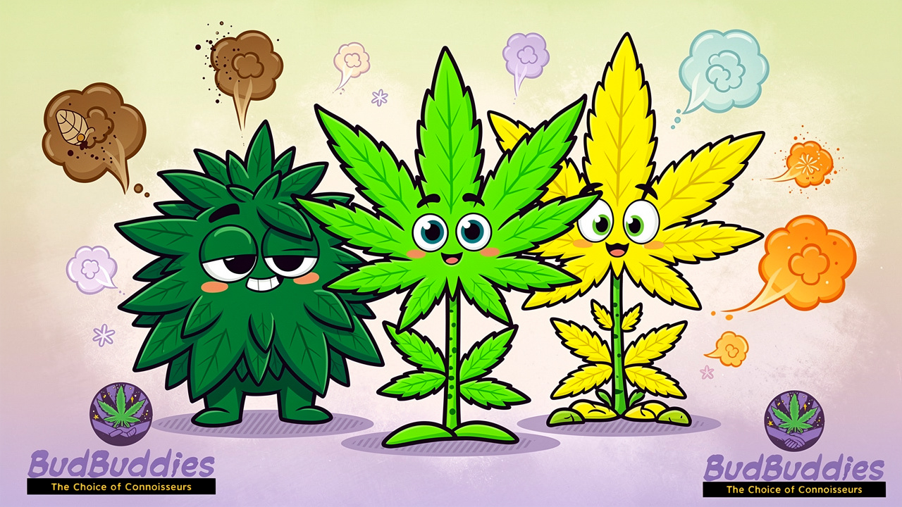 Cartoon comparison of indica hybrid and sativa cannabis strains