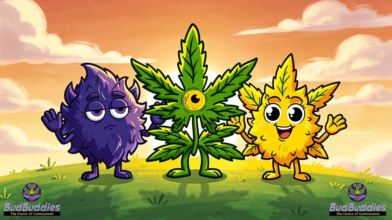 Cartoon indica sativa and hybrid cannabis strain characters